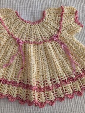 Handmade Crochet Baby Dress in Soft Yellow with Pink Trim